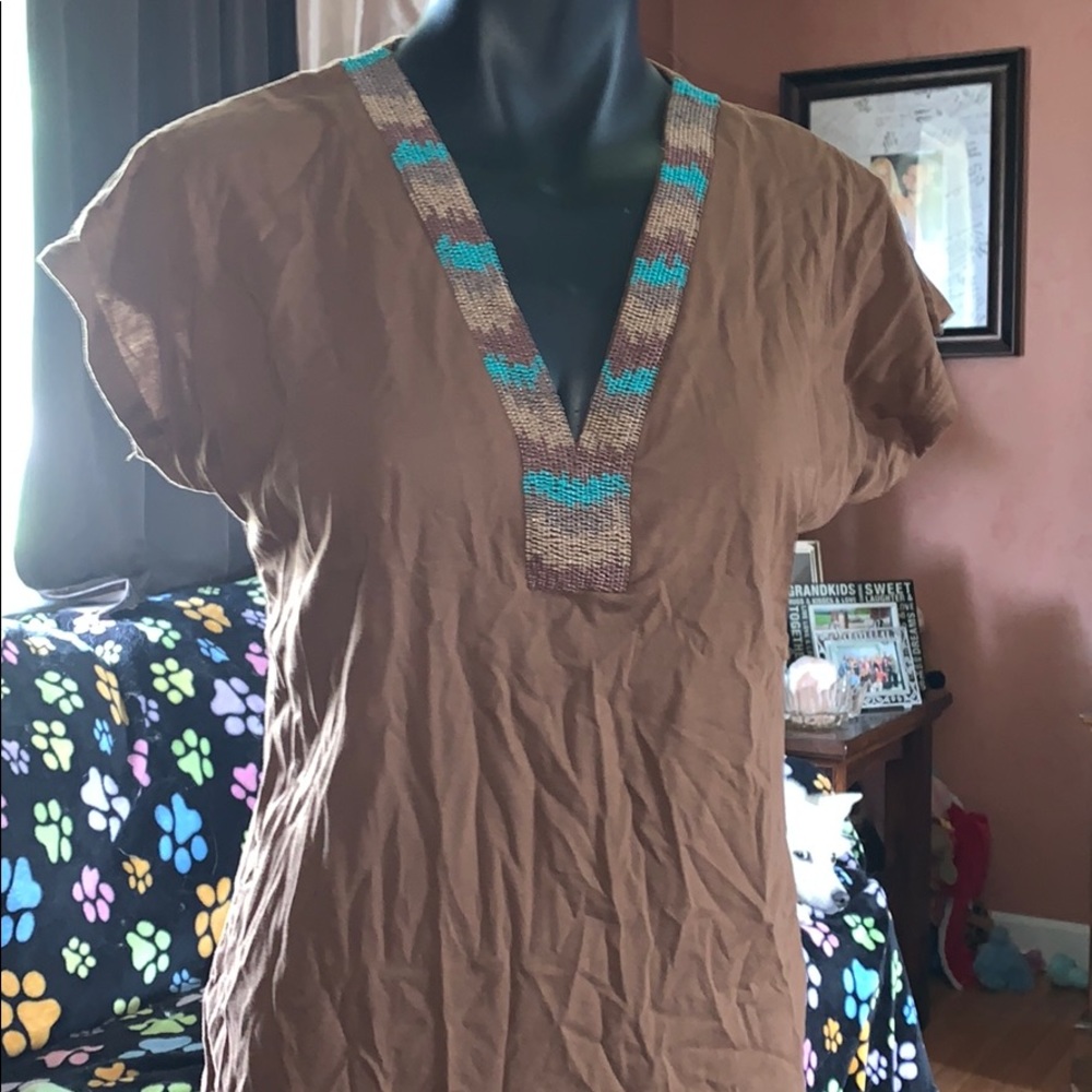 Lauren Ralph Lauren brown top beaded trim v neck M